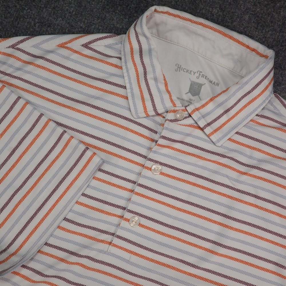 Hickey Freeman Polo Shirt Mens Med Golf White Orange Striped Short Sleeve Sport
